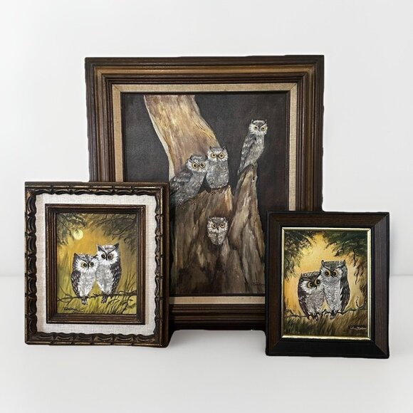 VTG Owl Original Oil Paintings on Canvas 1970’s Framed Signed Gold Set of 3 - Picture 1 of 16